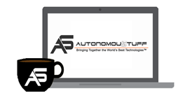 Graphic of a laptop and coffee mug with AS logos